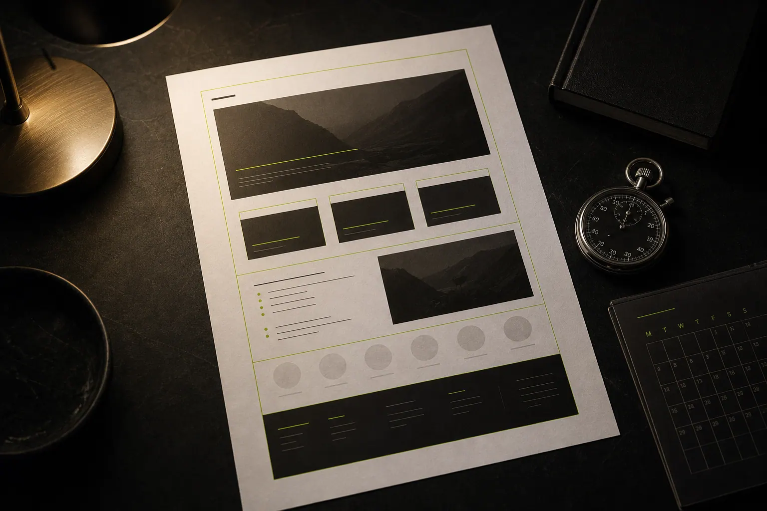 A single landing page wireframe with a small form near its base, above a row of ten day markers with the last one filled.
