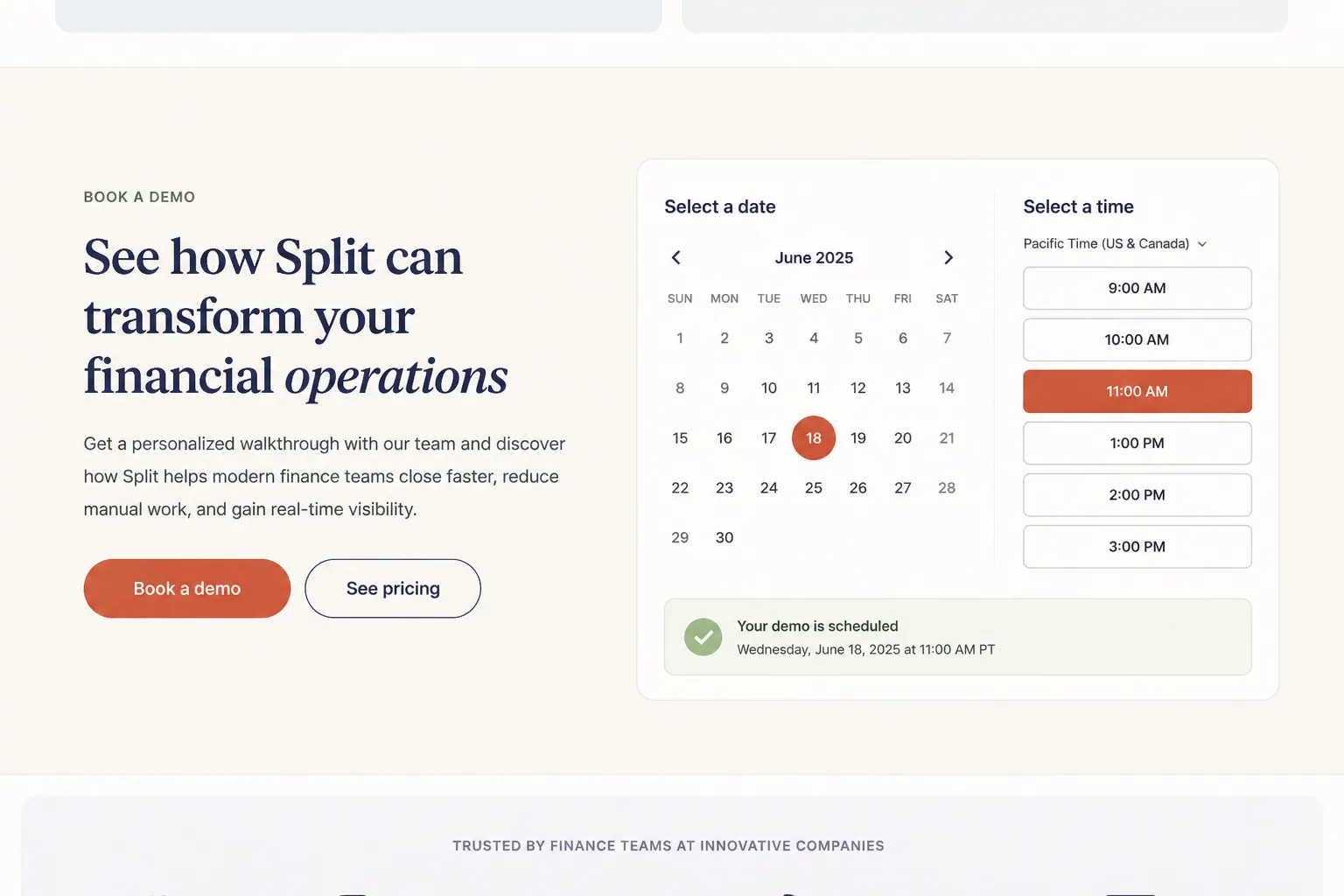SaaS cta, Split book-a-call, copy + calendar.