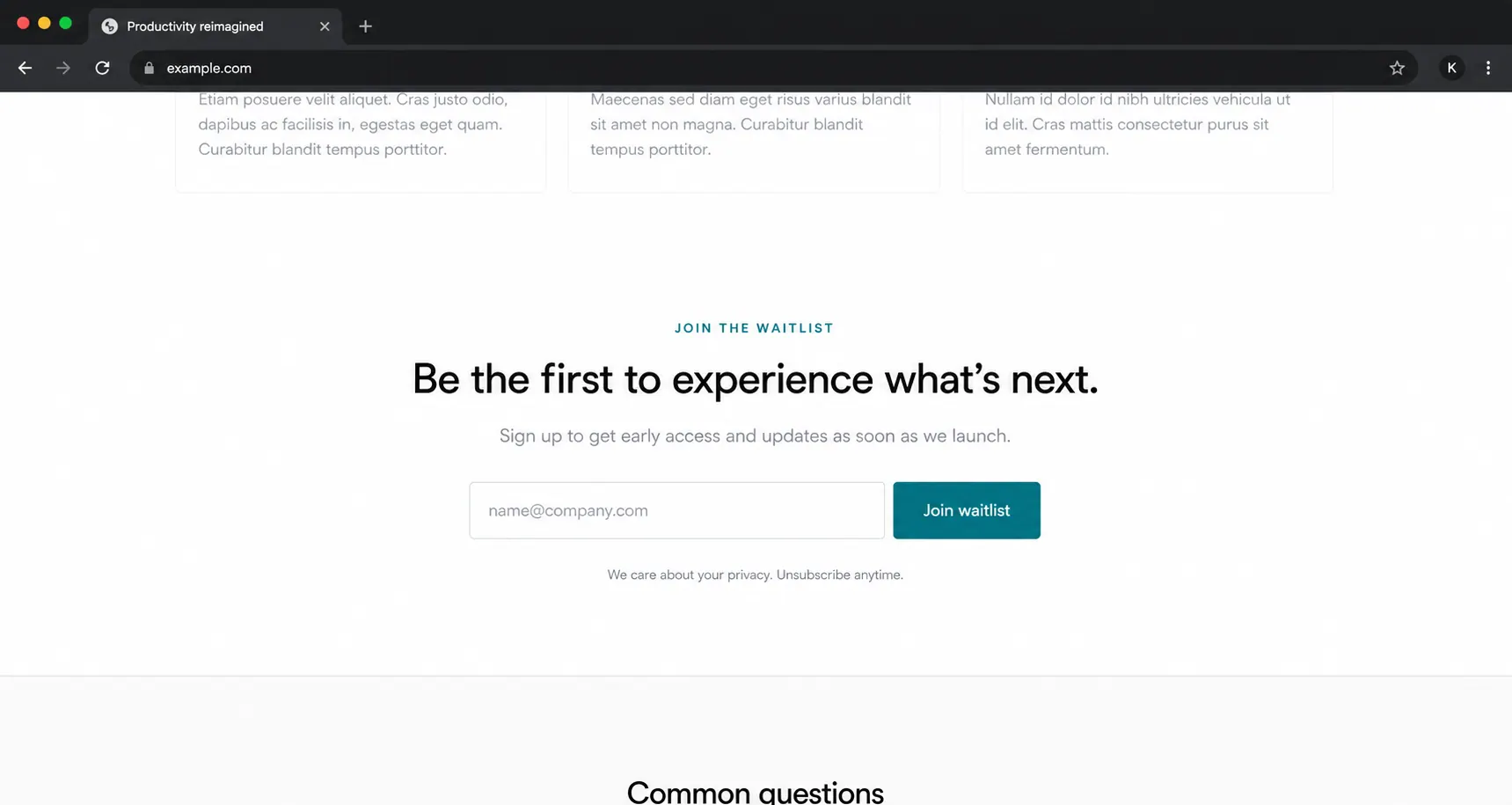 Health cta, Minimal sign-up, one email field, one button.