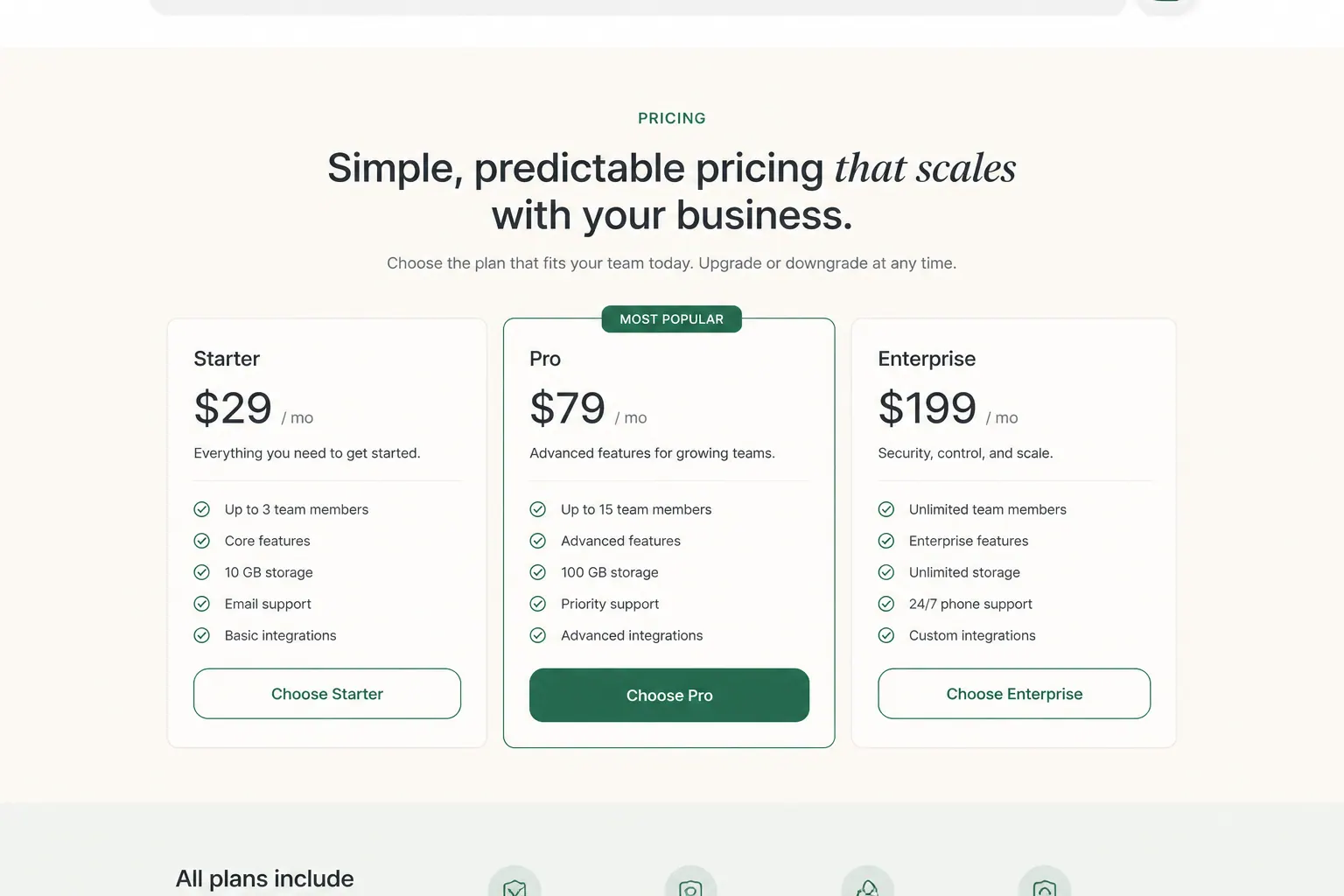 SaaS pricing, Classic 3-tier · Starter / Pro / Enterprise.