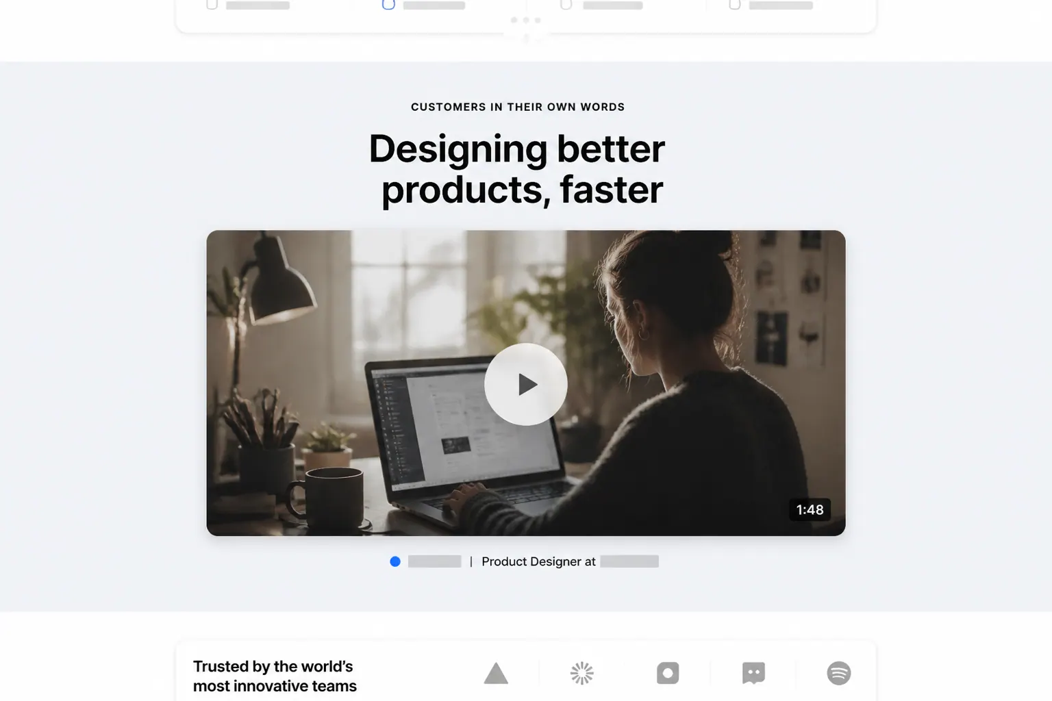 Design testimonials, Video case study with play overlay.