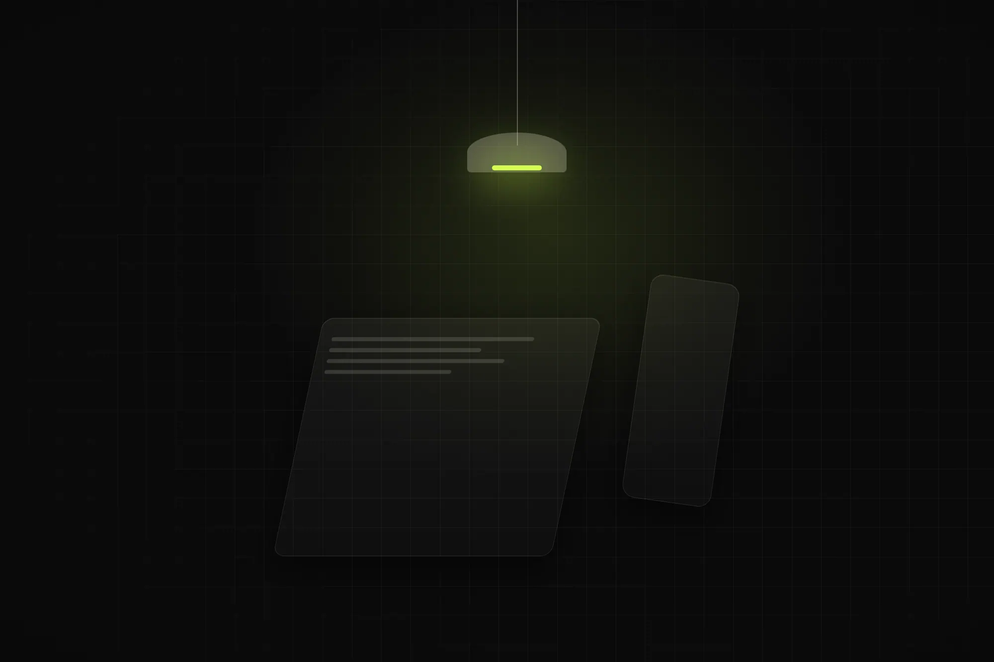 A lit desk at night with a phone and a notebook