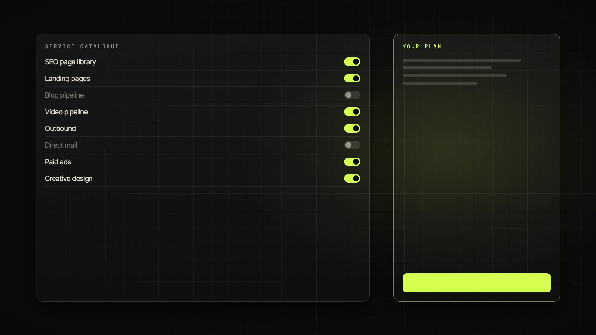 Configurator console with service catalogue and live quote sidebar.