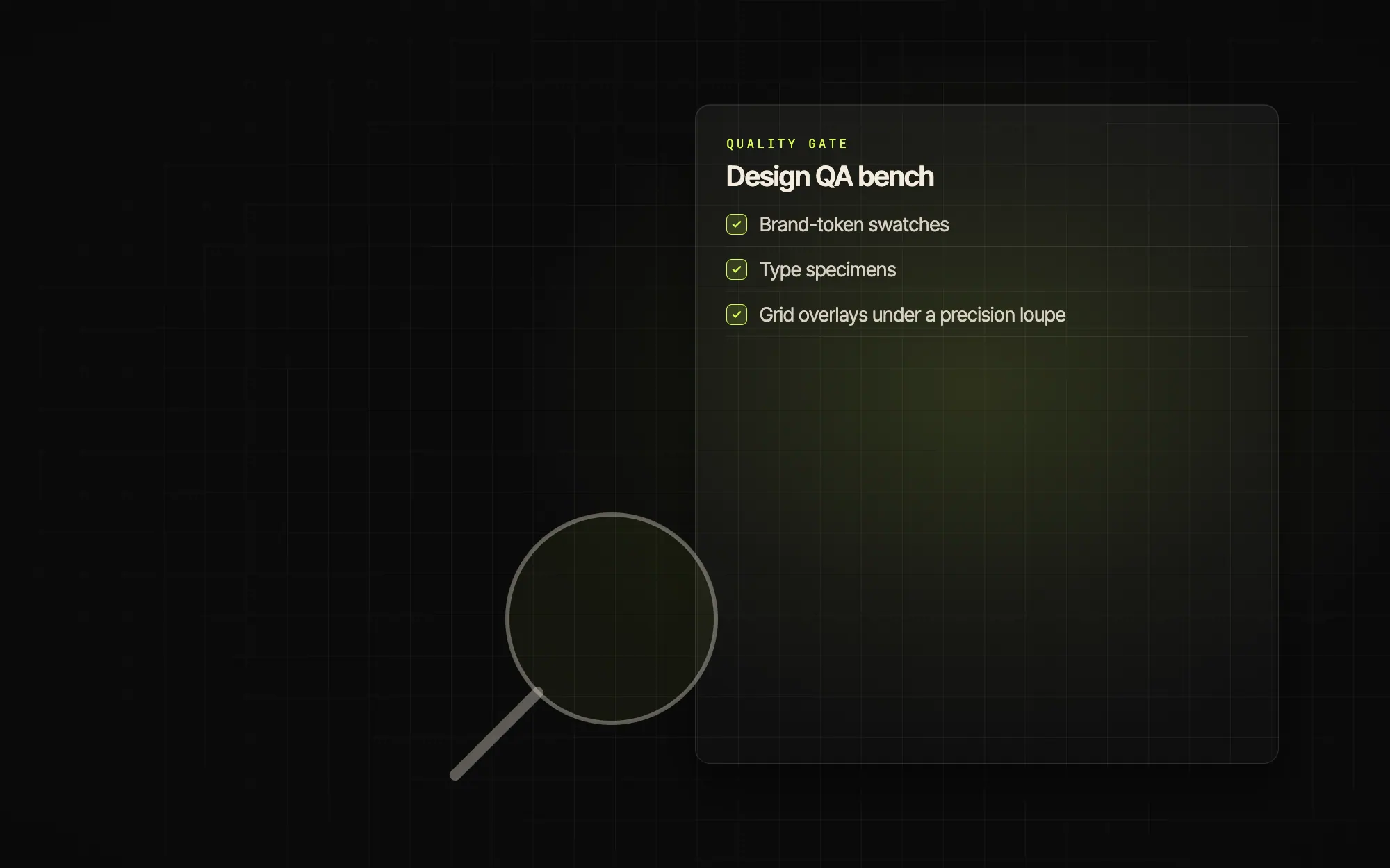 Design QA bench: brand-token swatches, type specimens, grid overlays under a precision loupe.