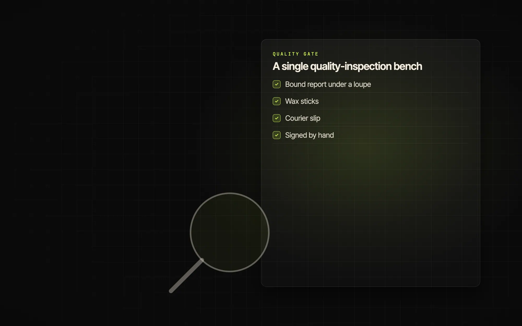 A single quality-inspection bench: bound report under a loupe, wax sticks, courier slip, signed by hand.
