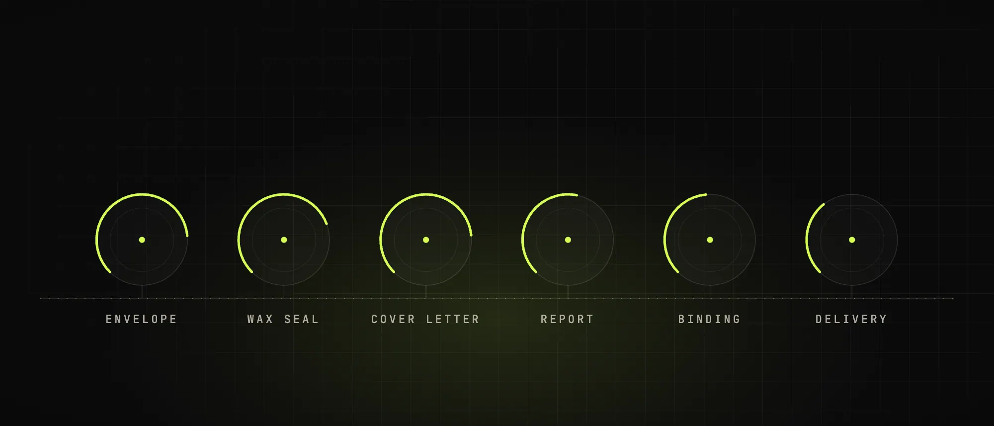 Six luxe-paper swatches mounted along a horizon line, one per element of the package.
