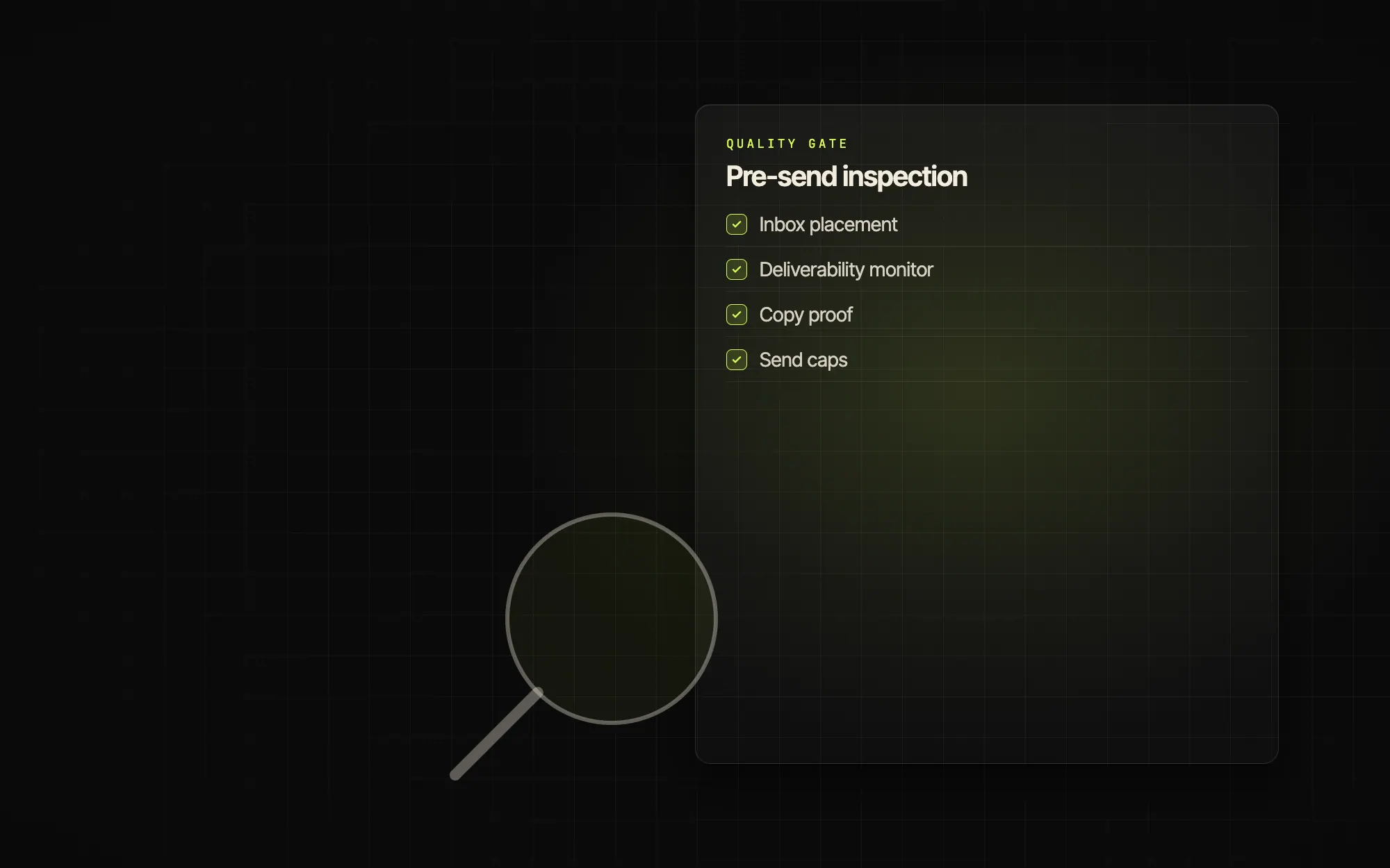 Pre-send inspection: a deliverability monitor with green-bar inbox-placement readouts and a copy proof under a loupe.