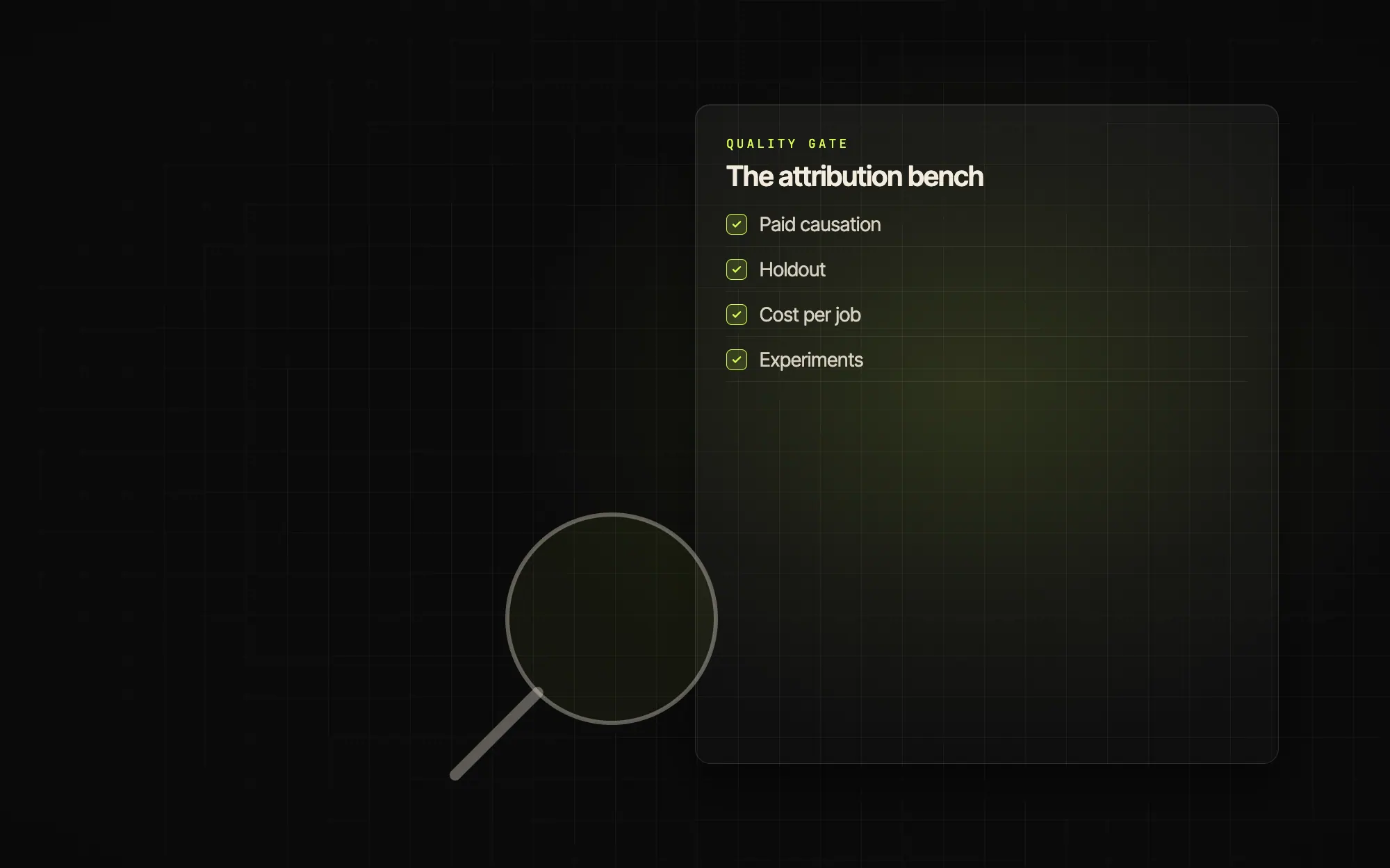 The attribution bench: precision instruments measuring paid causation, not last-click theatre.