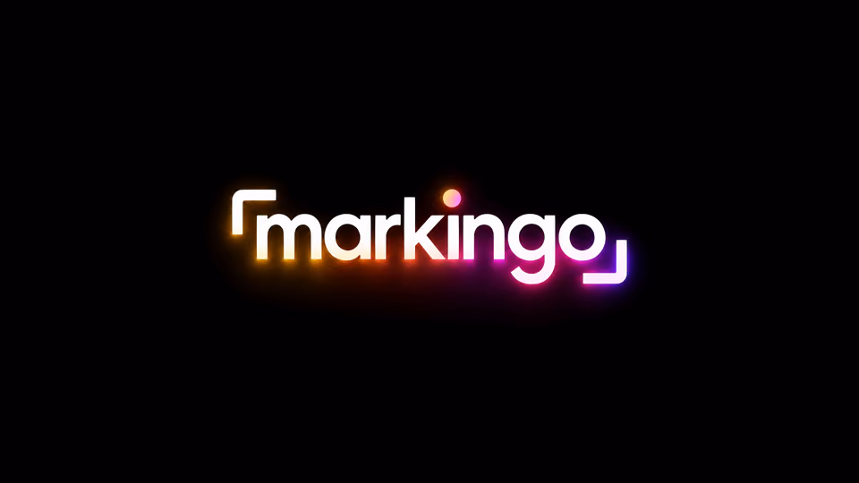 The last frame of our logo animation: the Markingo logo in its brackets, lit gold to pink.