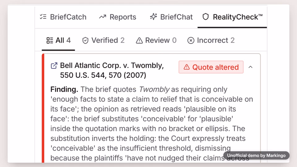 A 4:5 post: our film of BriefCatch's product, citation checks with two verified and two marked incorrect, a headline above it and a line below.