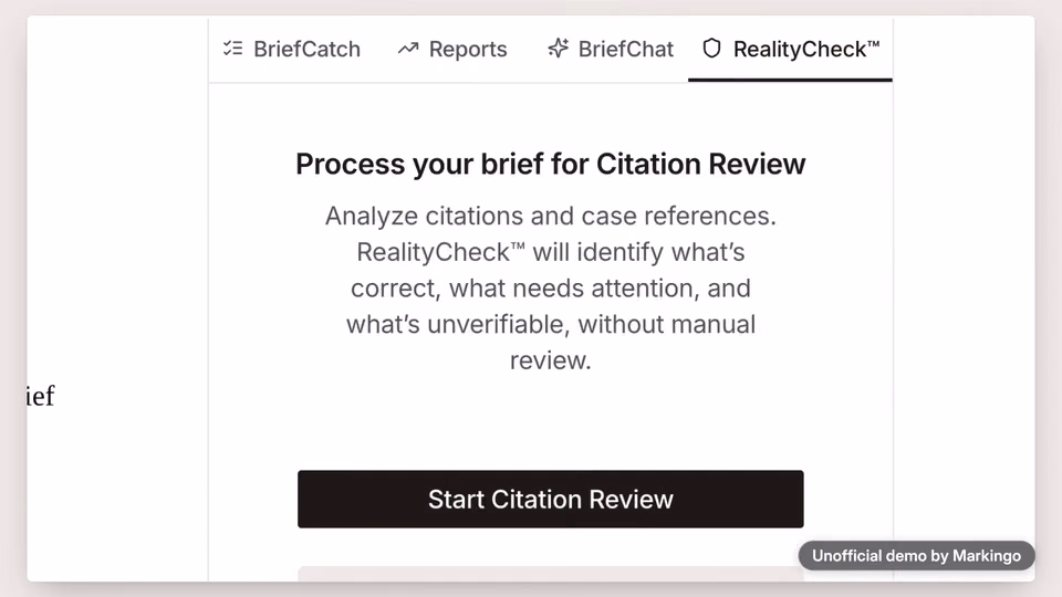 BriefCatch's Citation Review screen, about to check every case in a brief.