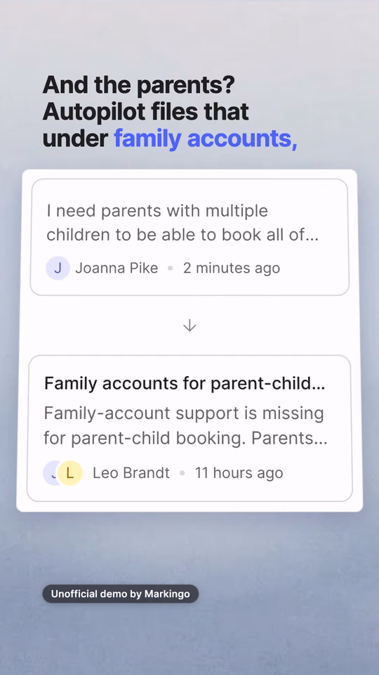Canny's Autopilot filing a parent's request under the existing idea Family accounts, beneath the line And the parents?