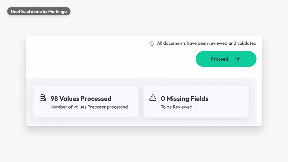 Juno's review screen: every value processed, no missing fields.