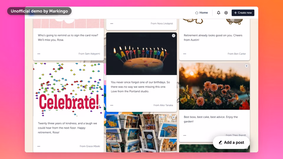 Rosa's Kudoboard filling with her team's posts: Celebrate!, a birthday cake, flowers and postcards.
