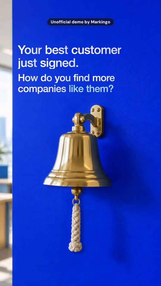 Ocean.io's reel at its start. On screen: "Your best customer just signed. How do you find more companies like them?" above a brass bell.