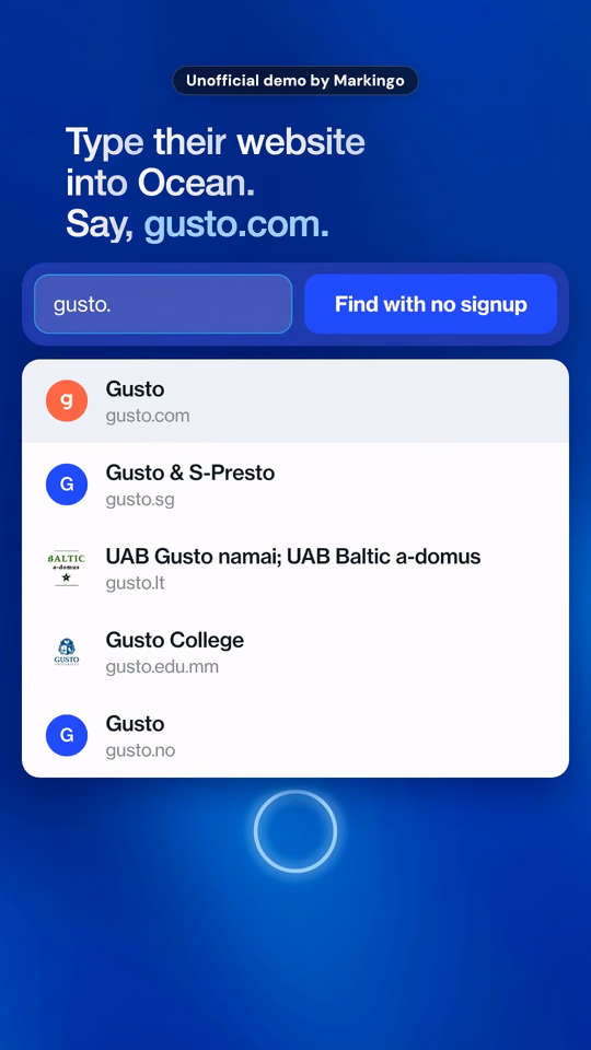 Ocean.io's reel: gusto.com typed into Ocean's search box, with the matching companies listed