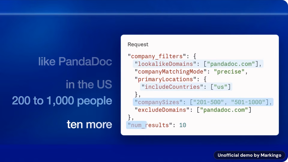 Ocean.io's product: plain phrases like PandaDoc, in the US, a company's size and ten more, each lit in a real Ocean search