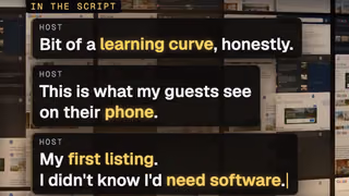 Script lines that keep customers' own words, such as learning curve and need software, lit in gold.