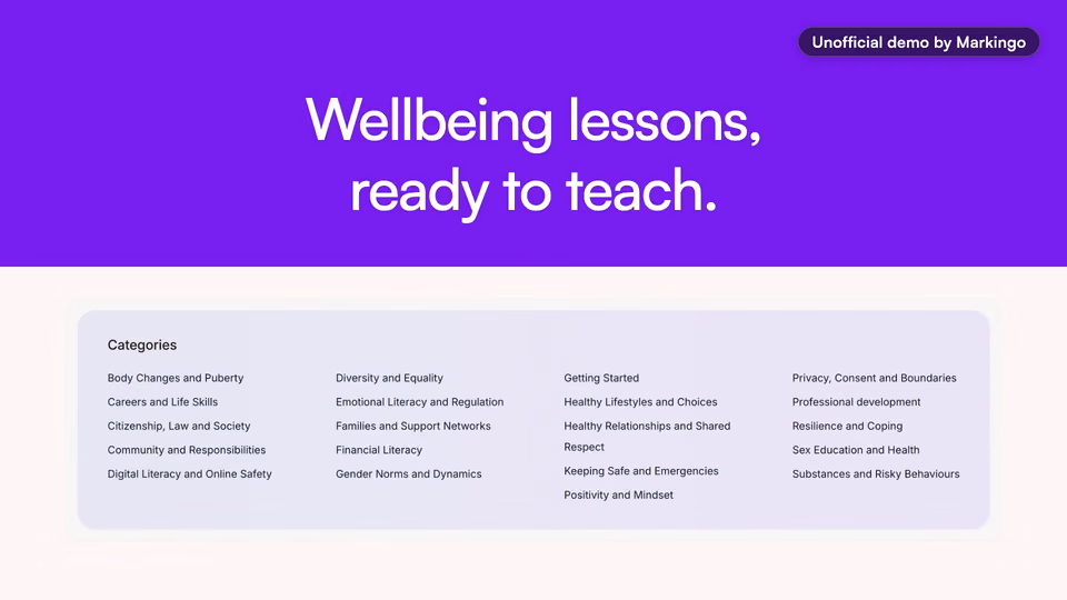 A frame of our film of Wellio's product, wellbeing lessons for schools: Wellbeing lessons, ready to teach, over its lesson categories.