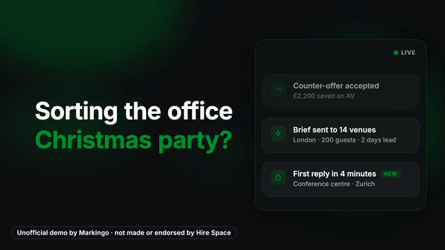 Our Hire Space film's first frame: Sorting the office Christmas party? beside their live panel of venue replies