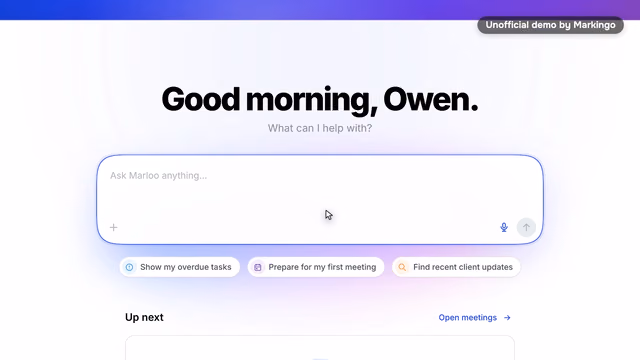 Our Marloo film: Ask Marloo's home screen, Good morning, Owen, and a box to ask anything