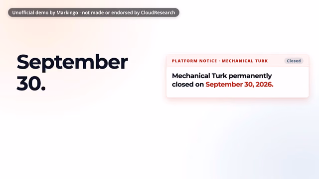 Our CloudResearch film set upright: "September 30." beside a notice reading "Mechanical Turk permanently closed on September 30, 2026."