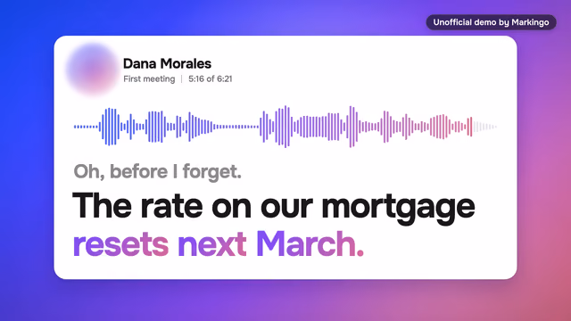 Our Marloo film set upright: a meeting card reading "Oh, before I forget. The rate on our mortgage resets next March."