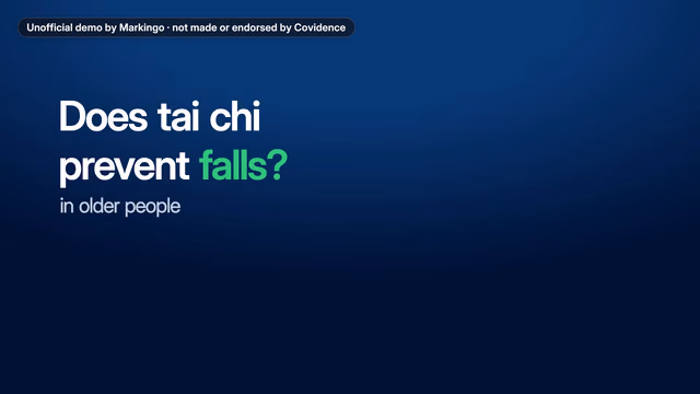 Our Covidence film set upright: the words "Does tai chi prevent falls?" on navy