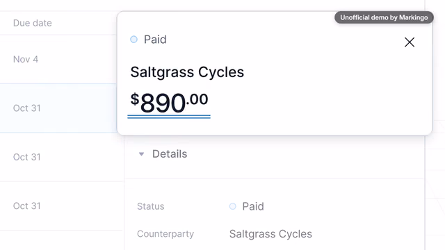Our Kick film: the invoice panel, Paid, Saltgrass Cycles, $890.00