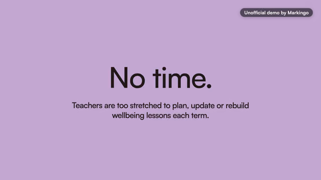 Our Wellio film: No time, in big type on lavender, over Wellio's own line, Teachers are too stretched to plan, update or rebuild wellbeing lessons each term
