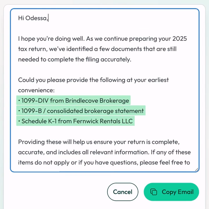 The email Juno drafted, the three missing documents highlighted, Copy Email under it