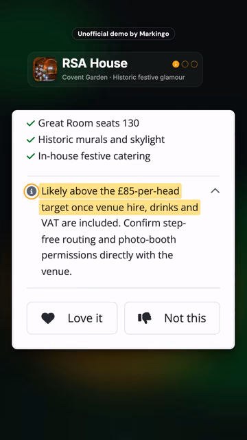 RSA House, its catch highlighted: likely above the £85 per head target