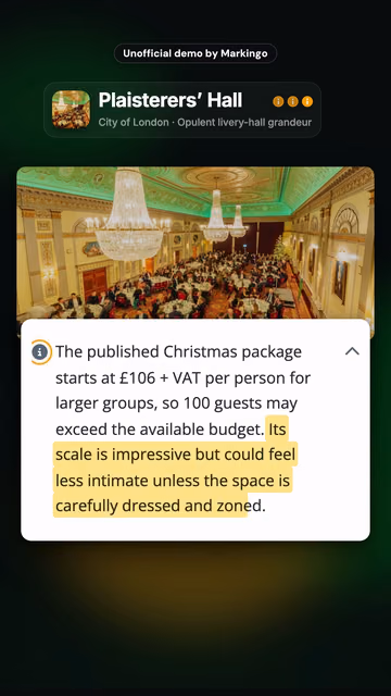 Plaisterers' Hall, its catch highlighted: it could feel less intimate unless the space is carefully dressed and zoned