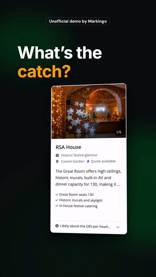 Our Hire Space Short's first frame: What's the catch? over RSA House's venue card