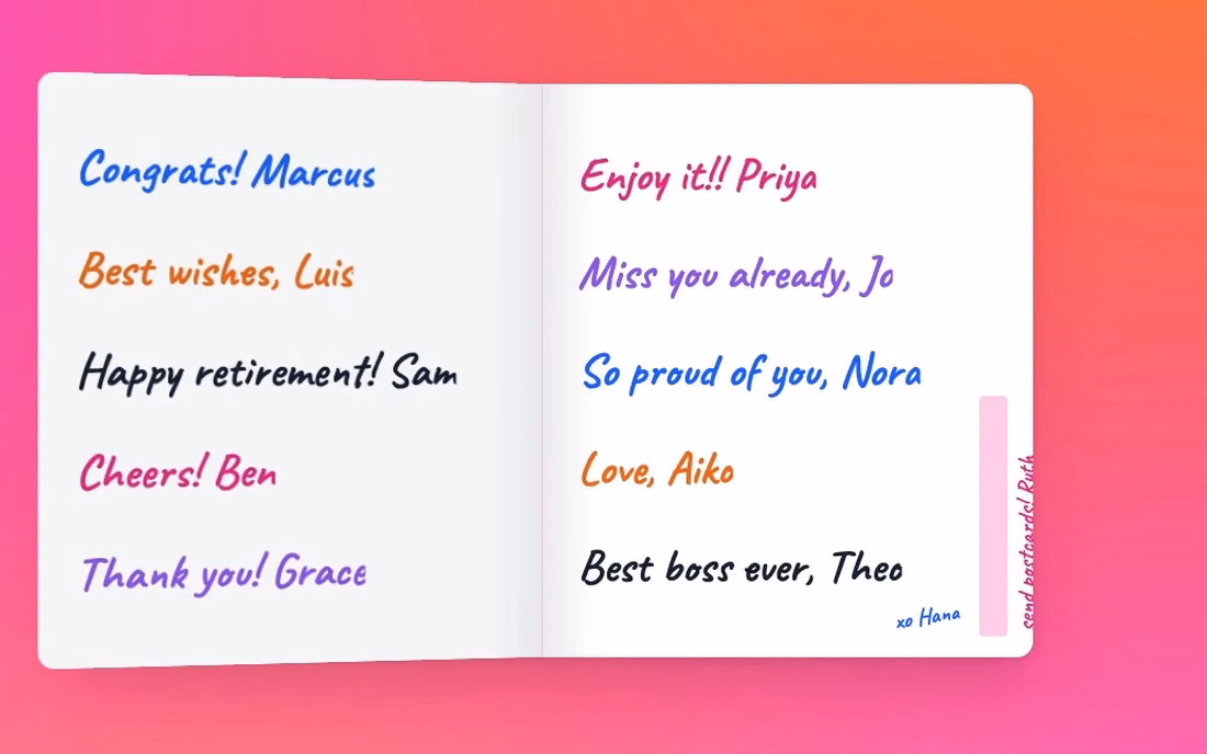 A paper group card, both leaves full of one-line signatures