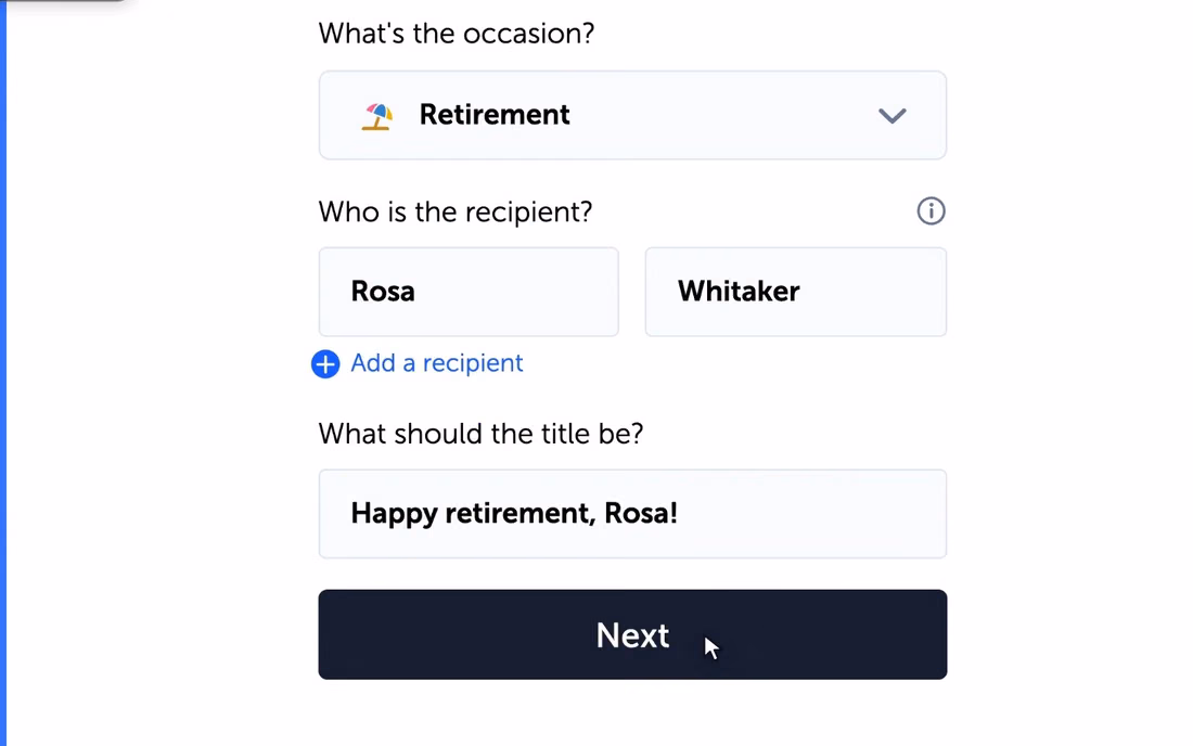 Kudoboard's create screen: Retirement, Rosa Whitaker, and the title Happy retirement, Rosa!
