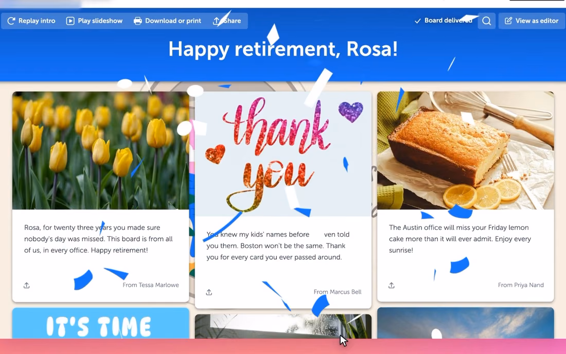 Her board opening with the product's confetti over the first posts