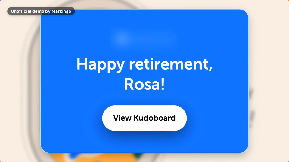 A frame of our film: the product's own intro card, “Happy retirement, Rosa!”