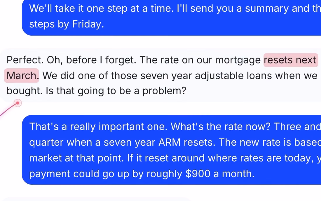 The meeting transcript, her words about the mortgage reset highlighted