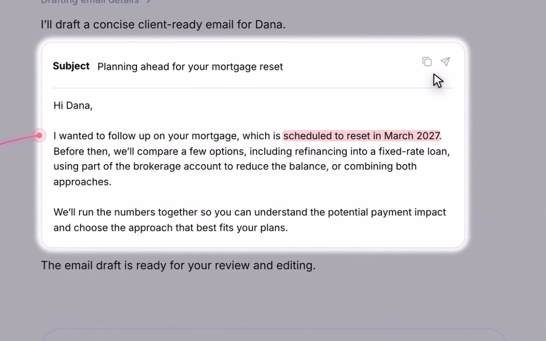 A drafted email to Dana about planning ahead for her mortgage reset