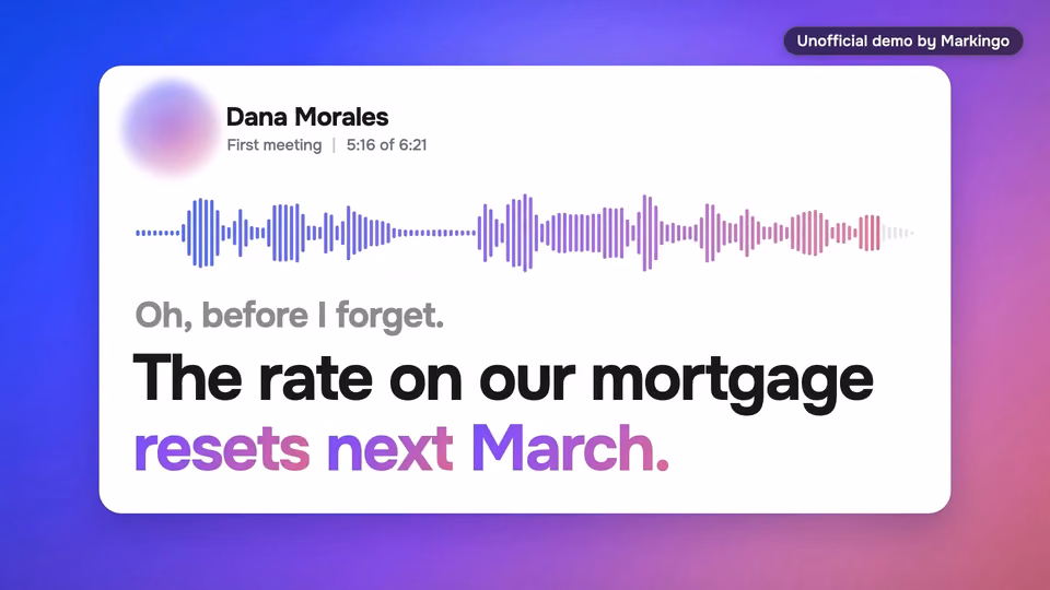The rebuilt opening in light: the meeting card and the line about the mortgage reset. Unofficial demo by Markingo.